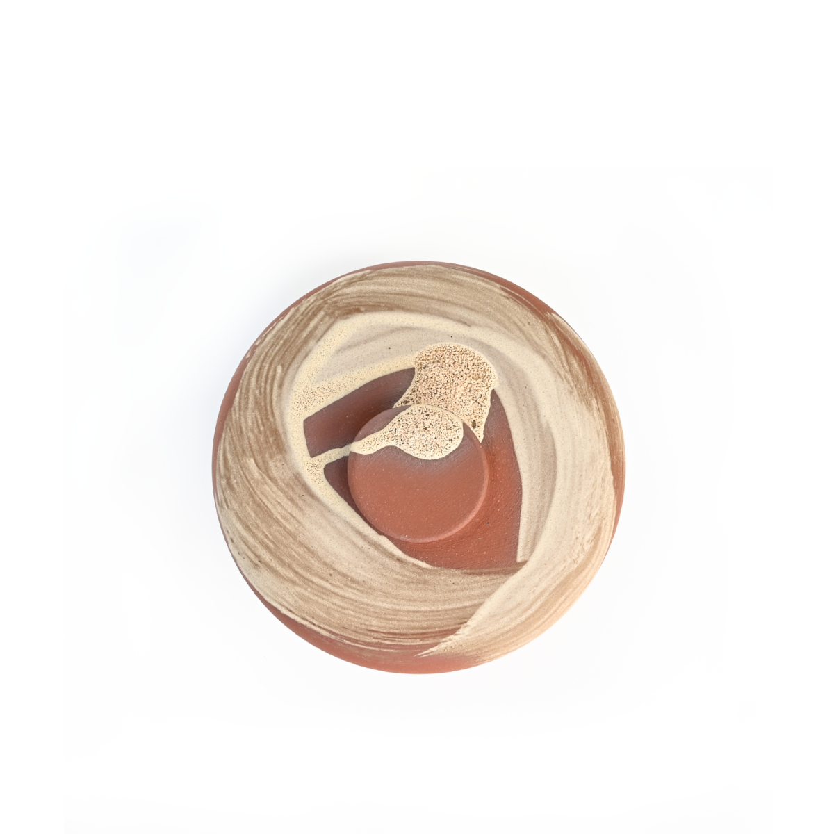 Lid only view highlighting the light brown glaze and handcrafted form