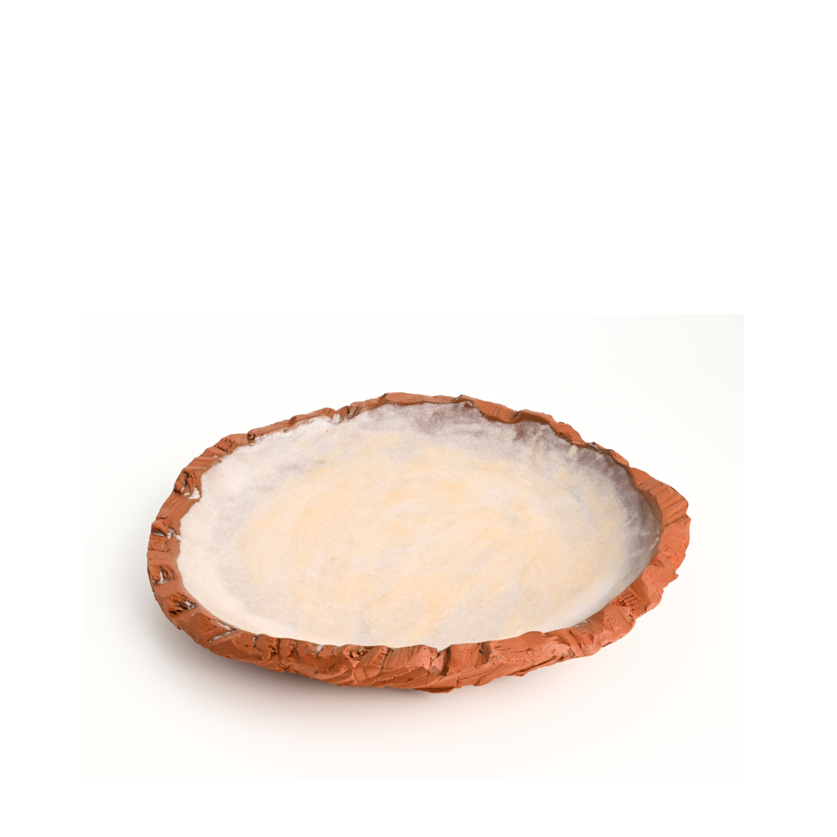 Side view of the Marked Plate showing deep vertical markings and organic handmade form